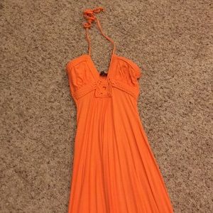 Sky Vibrant Orange Crochet-Bust Halter Maxi Dress